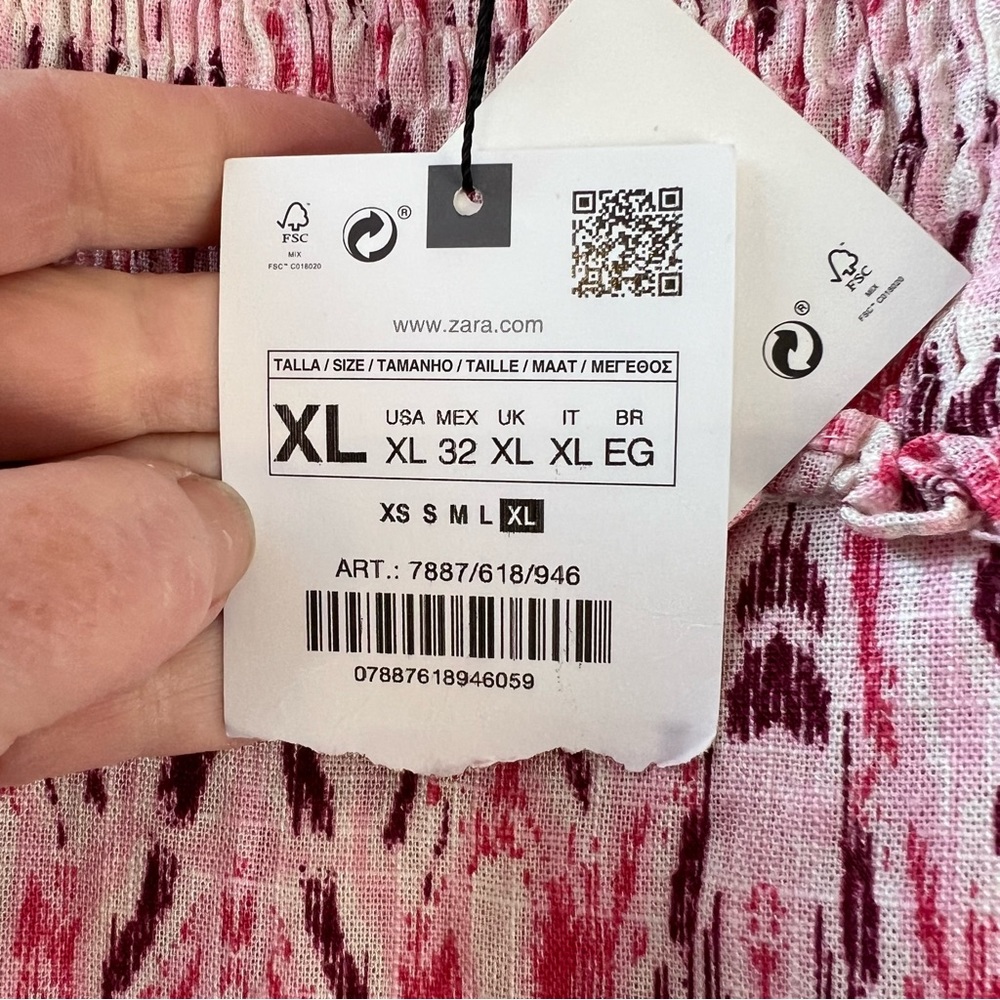 ZARA NWT 2024 Pink Linen Blend Printed Midi Dress Ruched Elastic Top Size XL - Picture 5 of 13